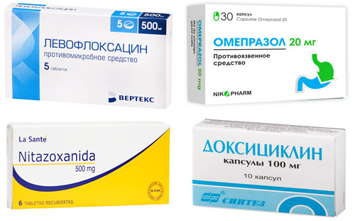рекомендуемые препараты: Левофлоксацин, Омепразол, Нитазоксанид, Доксициклин.