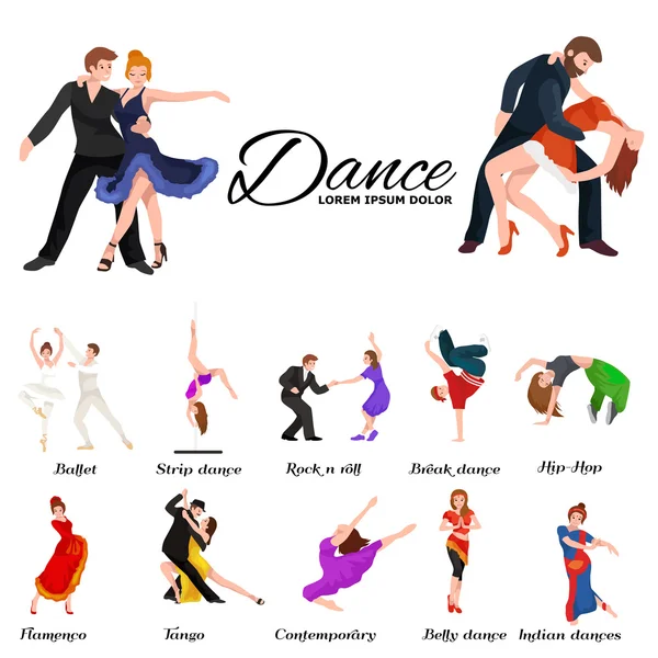 Dancing People, Dancer Bachata, Hiphop, Salsa, Indian, Ballet, Strip, Rock and Roll, Break, Flamenco, Tango, Contemporary, Belly Dance Pictogram Icon. Dancing style of design concept set Vector Graphics