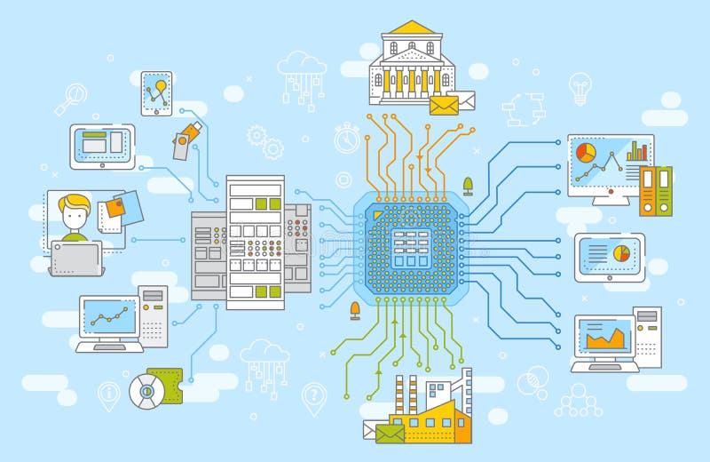 Big data network management concept vector illustration. Collection of information, data storage and analysys. royalty free illustration