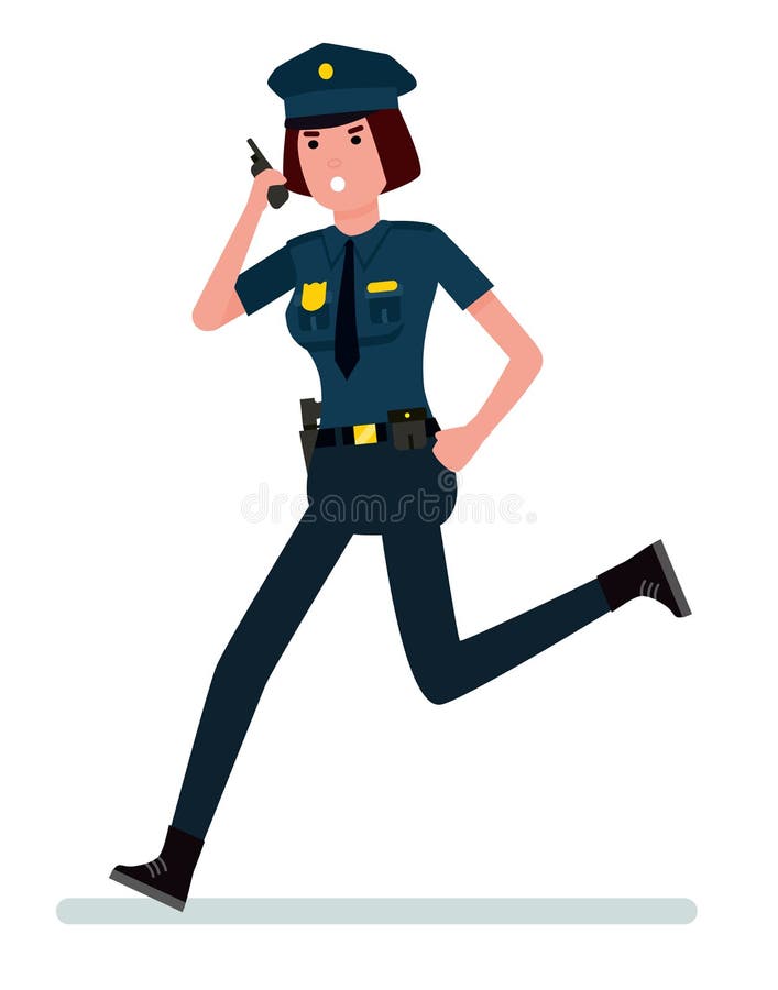 Vector cartoon flat illustration of a police woman running after the criminal. Illustration isolated on white background vector illustration